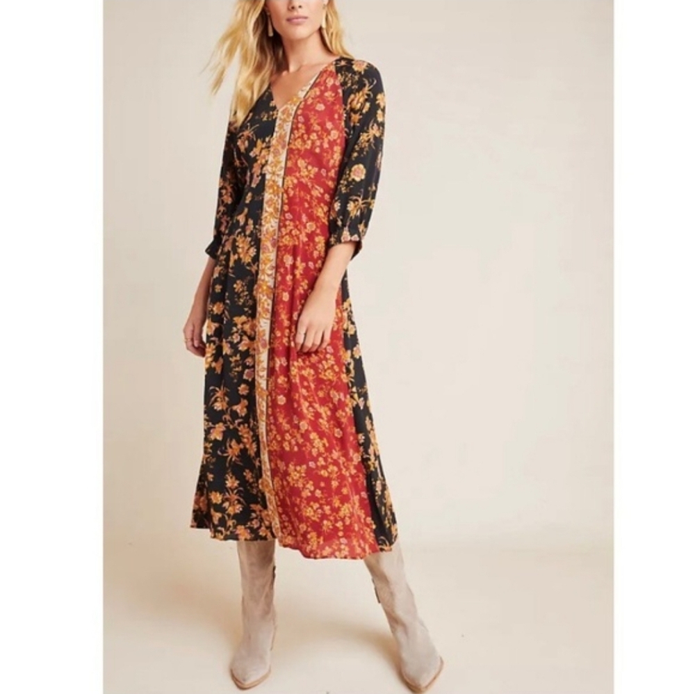 Kachel x Anthropologie Maja Silk‎ Maxi Dress Black Orange Size 4